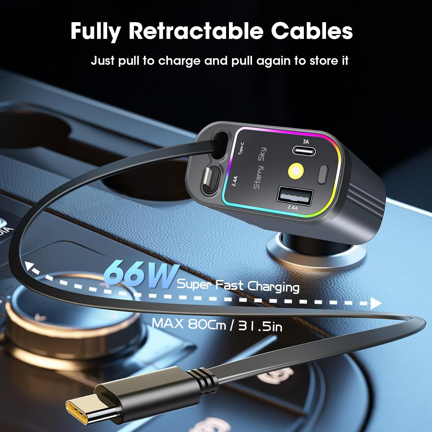 Chargeur Voiture Rétractable 4-en-1 66W.