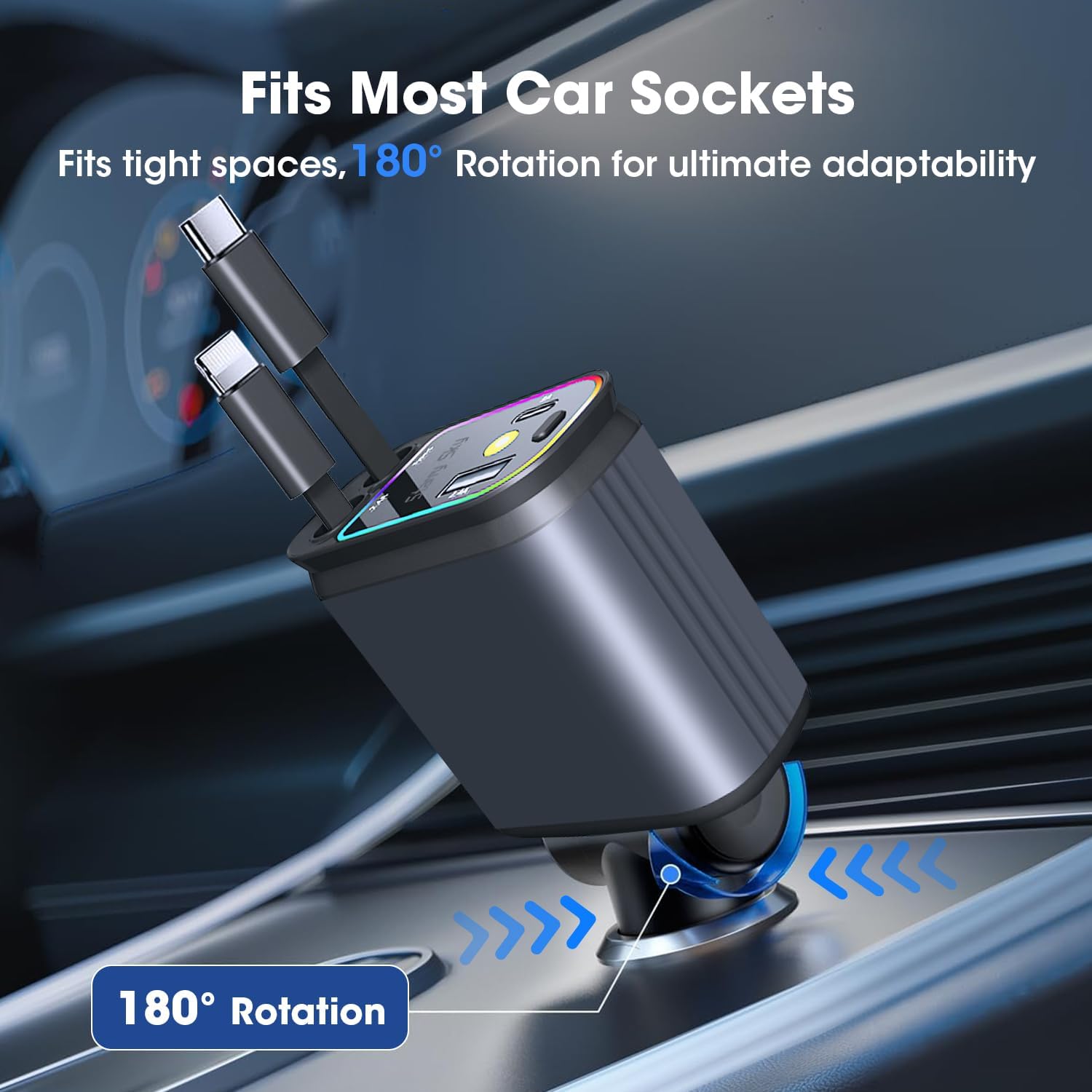 Chargeur Voiture Rétractable 4-en-1 66W.